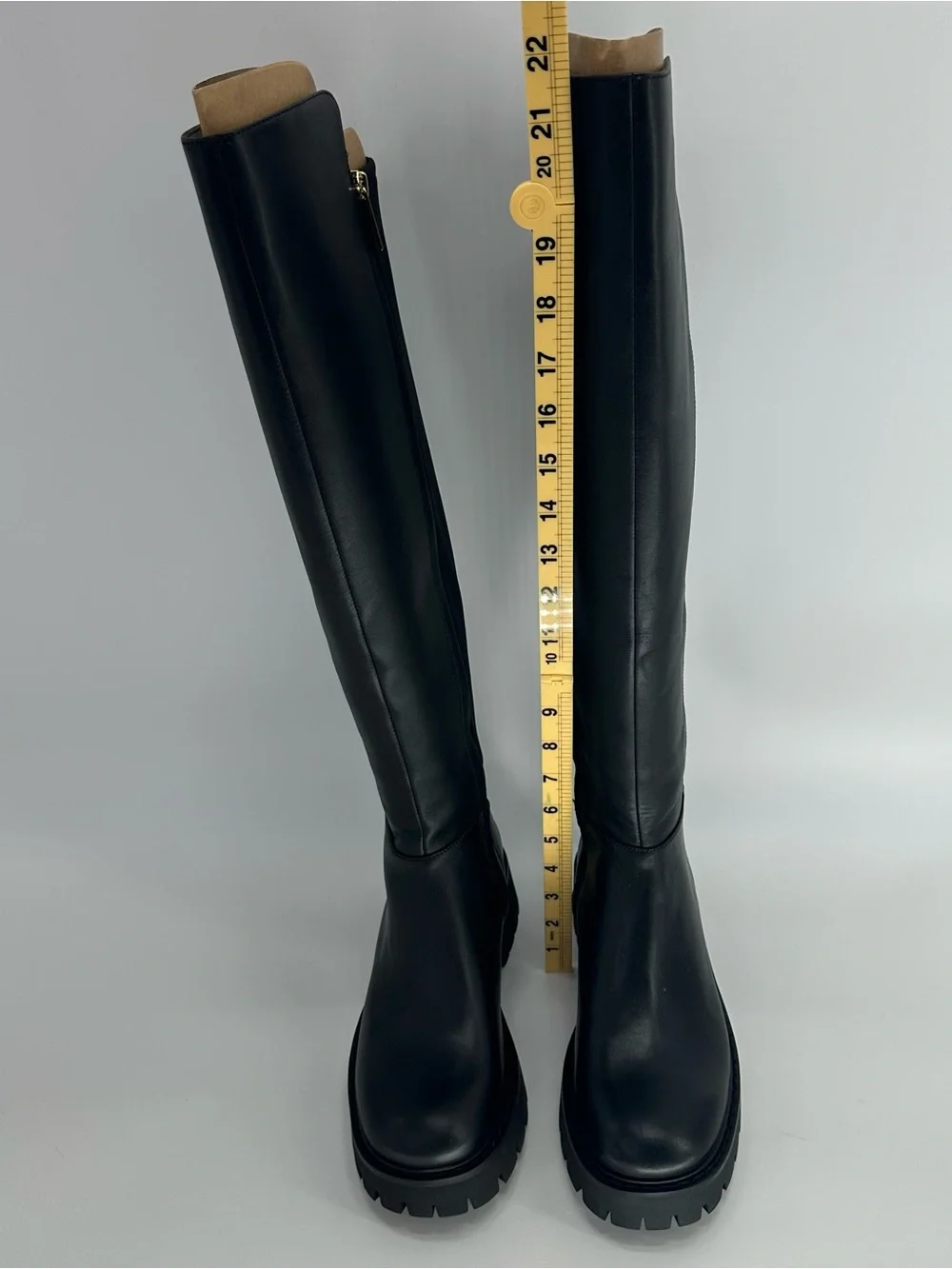 Michael Kors Black Leather Knee High Lug Sole Boots Gold Hardware
